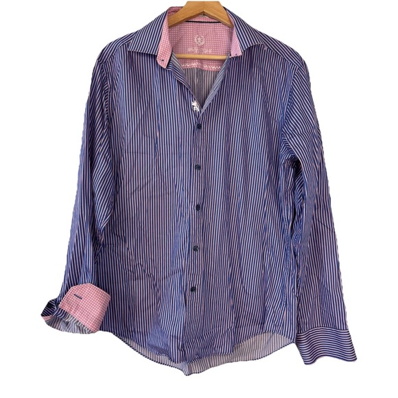 BUGATCHI Shaped Fit Mens Long Sleeve Pink Flip Cuff Blue Stripe Medium - Picture 1 of 8